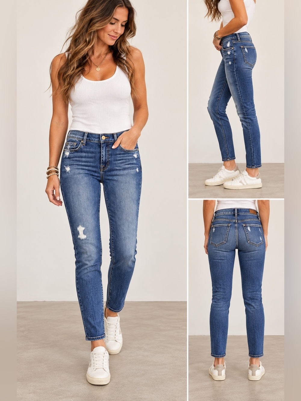 7 For All Mankind “The Slim Cigarette” Distressed Slim Straight Mid Rise Jeans